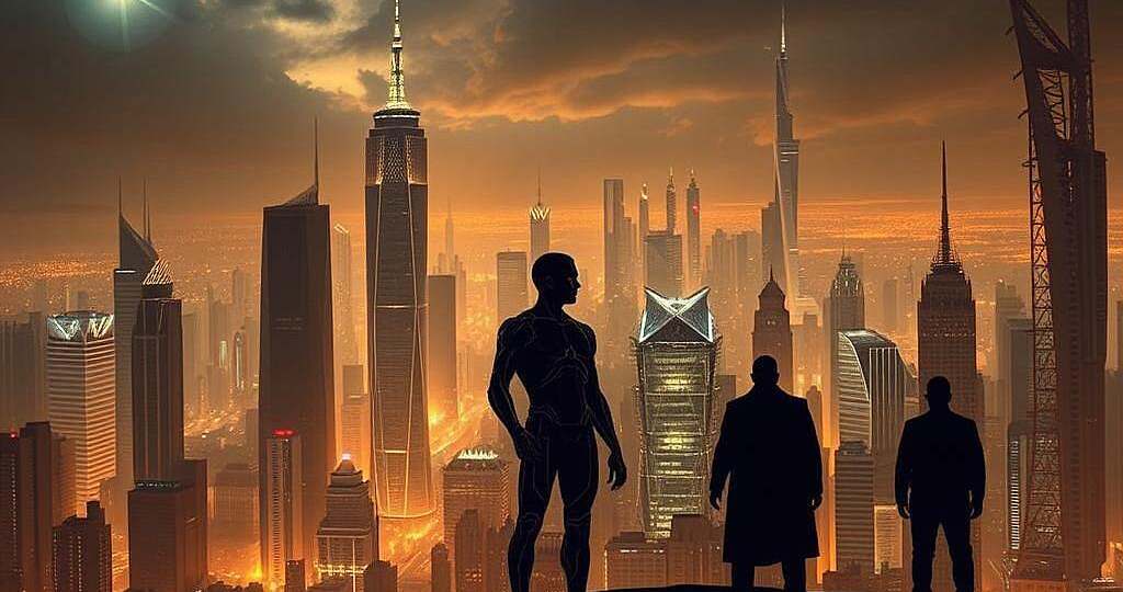 A vast cityscape of towering skyscrapers and technological wonders, where the line between human and machine blurs. In the foreground, a solitary figure stands, part human, part cyborg, gazing contemplatively into the distance. The scene is bathed in a warm, golden glow, evoking both the promise and the peril of a transhuman future. Shadowy figures lurk in the background, hinting at the darker, dystopian undercurrents that threaten to unravel this vision of a techno-utopia. Dramatic chiaroscuro lighting, with deep shadows and sharp contrasts, creates a sense of unease and uncertainty, mirroring the complex and often conflicting narratives surrounding the transhumanist movement.