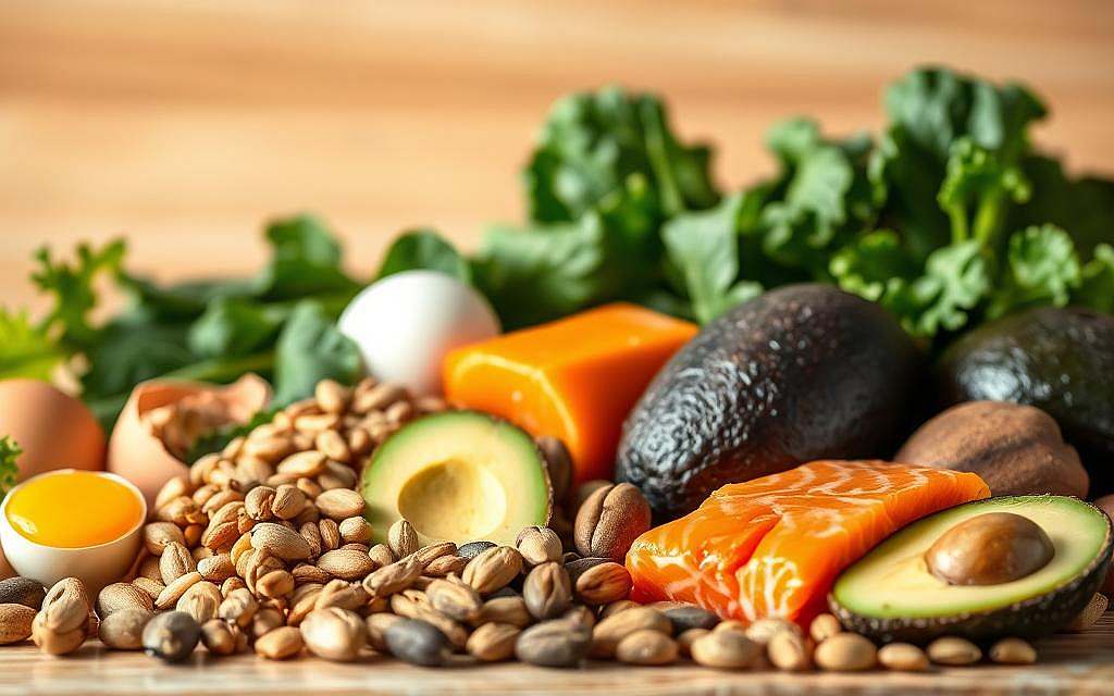 A close-up, detailed composition of various natural food sources rich in vitamin B7 (biotin), set against a soft, warm-toned background. In the foreground, arrange a selection of ingredients such as eggs, nuts, seeds (especially sunflower and pumpkin), salmon, and avocado, all evenly lit from the side to highlight their textures and colors. In the middle ground, include a few leafy greens like spinach or kale to represent the importance of this vitamin for healthy skin, hair, and nails. Use a shallow depth of field to create a sense of focus on the key elements. The overall mood should be natural, appetizing, and emphasize the nutritional benefits of these biotin-rich foods.