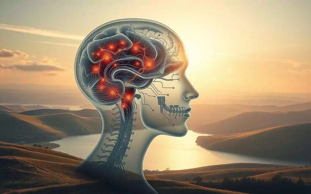 A detailed, thoughtful exploration of linguistic cognition. In the foreground, a human head in profile, the brain visible through a transparent skull, glowing circuits and neurons firing within. Surrounding this, a serene, contemplative landscape - rolling hills, a tranquil lake, wispy clouds drifting across a pale sky. Radiant, warm lighting illuminates the scene, casting a reflective, introspective mood. The composition emphasizes the interplay between the physical and the conceptual, the external and the internal, as the viewer is drawn into the depths of language-based reasoning.