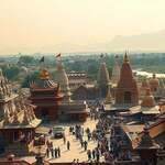 A panoramic view of diverse cultural symbols and structures, representing the complex dynamics of power and control. In the foreground, a towering temple with intricate architectural details, its grandeur conveying the weight of tradition and authority. In the middle ground, a bustling marketplace with people of various backgrounds engaged in trade, hinting at the interplay of individual agency and societal forces. In the distant background, a serene landscape with mountains and a flowing river, suggesting the natural world's indifference to human constructs. The lighting is warm and golden, casting a contemplative mood, inviting the viewer to ponder the nuances of power across different cultural contexts.