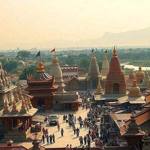 A panoramic view of diverse cultural symbols and structures, representing the complex dynamics of power and control. In the foreground, a towering temple with intricate architectural details, its grandeur conveying the weight of tradition and authority. In the middle ground, a bustling marketplace with people of various backgrounds engaged in trade, hinting at the interplay of individual agency and societal forces. In the distant background, a serene landscape with mountains and a flowing river, suggesting the natural world's indifference to human constructs. The lighting is warm and golden, casting a contemplative mood, inviting the viewer to ponder the nuances of power across different cultural contexts.