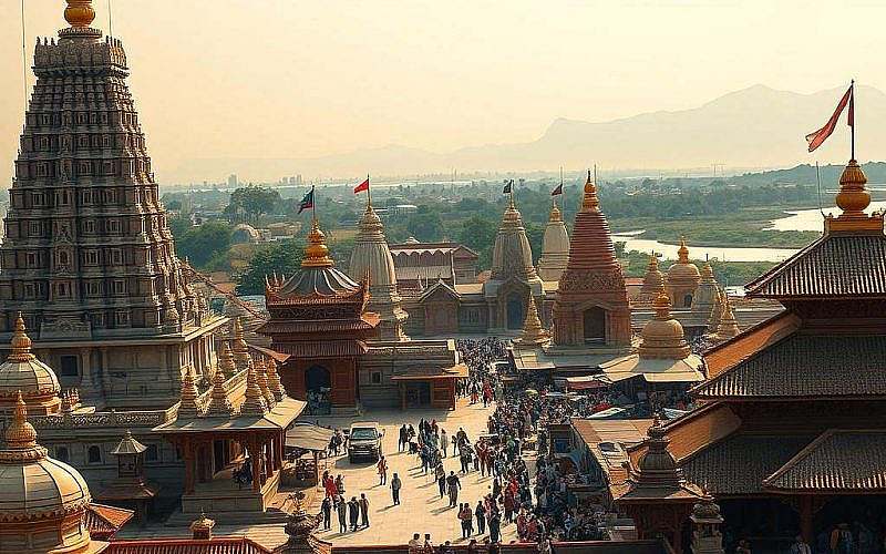 A panoramic view of diverse cultural symbols and structures, representing the complex dynamics of power and control. In the foreground, a towering temple with intricate architectural details, its grandeur conveying the weight of tradition and authority. In the middle ground, a bustling marketplace with people of various backgrounds engaged in trade, hinting at the interplay of individual agency and societal forces. In the distant background, a serene landscape with mountains and a flowing river, suggesting the natural world's indifference to human constructs. The lighting is warm and golden, casting a contemplative mood, inviting the viewer to ponder the nuances of power across different cultural contexts.