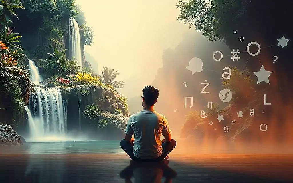 A serene, contemplative scene depicting the interplay of visual and verbal thinking styles. In the foreground, a thoughtful individual sits cross-legged, surrounded by a visually rich landscape. Cascading waterfall, verdant foliage, and colorful geometric patterns create a captivating backdrop, representing the visual mode of cognition. In the middle ground, ghostly silhouettes of words and symbols float, symbolizing the verbal, linguistic mode of thinking. Warm, diffused lighting casts a dreamlike atmosphere, inviting the viewer to ponder the duality of learning and cognition. The composition conveys a sense of balance, harmony, and the interconnectedness of these distinct yet complementary modes of understanding.
