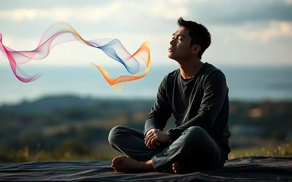 A thoughtful and introspective scene depicting the connection between thinking style and emotional processing. In the foreground, a pensive figure sits cross-legged, hands gently resting on their lap, eyes closed in deep concentration. Muted hues of blues, grays, and soft whites create a calming, reflective atmosphere. In the middle ground, wispy, abstract shapes in vibrant colors swirl and dance, representing the flow of emotions and their visual translation. The background is a serene, blurred landscape, hinting at the larger context and the individual's connection to the world around them. Warm, directional lighting casts gentle shadows, adding depth and a sense of introspection. The overall composition conveys a sense of stillness, contemplation, and the intimate link between cognition and emotional experience.