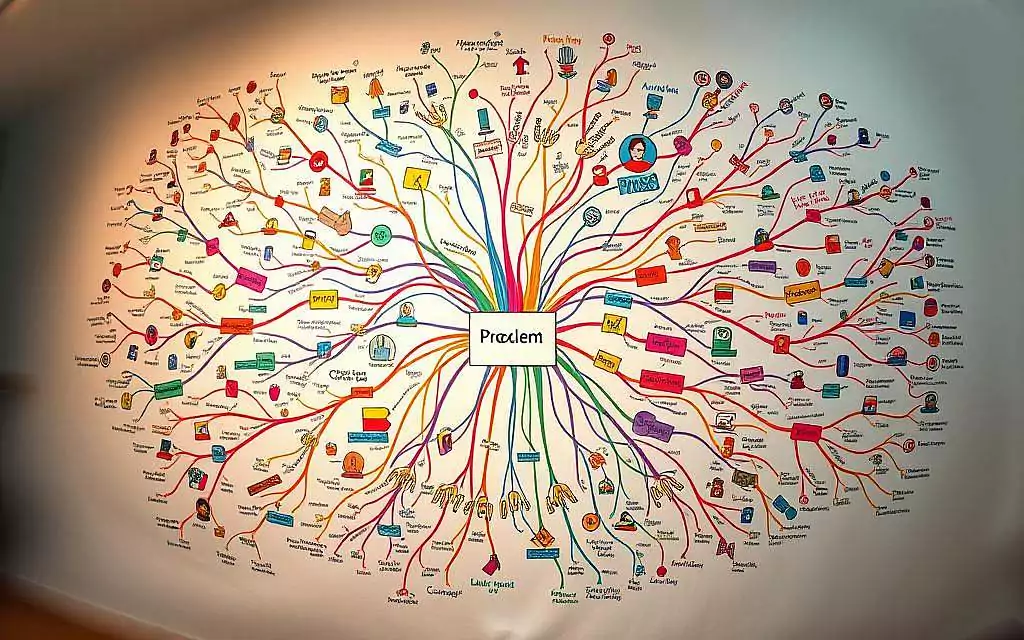 A vibrant mind map sprawls across the canvas, its intricate web of ideas and connections bursting with color and dynamism. In the foreground, a central concept stands out, surrounded by radiating branches that weave together diverse thoughts and solutions. The middle ground is filled with a kaleidoscope of shapes, symbols, and visual cues, each representing a unique perspective or approach to the problem at hand. In the background, a soft, ethereal glow illuminates the scene, creating a sense of depth and contemplation. The lighting is warm and inviting, encouraging the viewer to dive deeper into the creative process. The overall composition is balanced and harmonious, reflecting the integration of both verbal and visual thinking styles. This mind map is a testament to the power of collaborative, intuitive problem-solving.