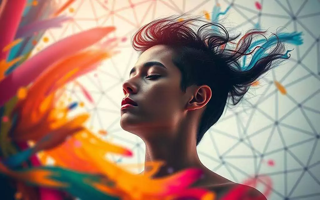 A vibrant visual representation of the power of creative thinking. In the foreground, a colorful swirl of brushstrokes and abstract shapes, symbolizing the free flow of imagination. In the middle ground, a human figure, eyes closed, deep in contemplation, tapping into their inner visual cortex. The background features a geometric pattern of interlocking lines and polygons, suggesting the structural, analytical nature of visual processing. Soft, diffused lighting casts a warm, dreamlike glow, evoking a sense of focus and tranquility. Captured through a wide-angle lens to convey a sense of depth and immersion, this image celebrates the synergy between artistic expression and the power of visual cognition.