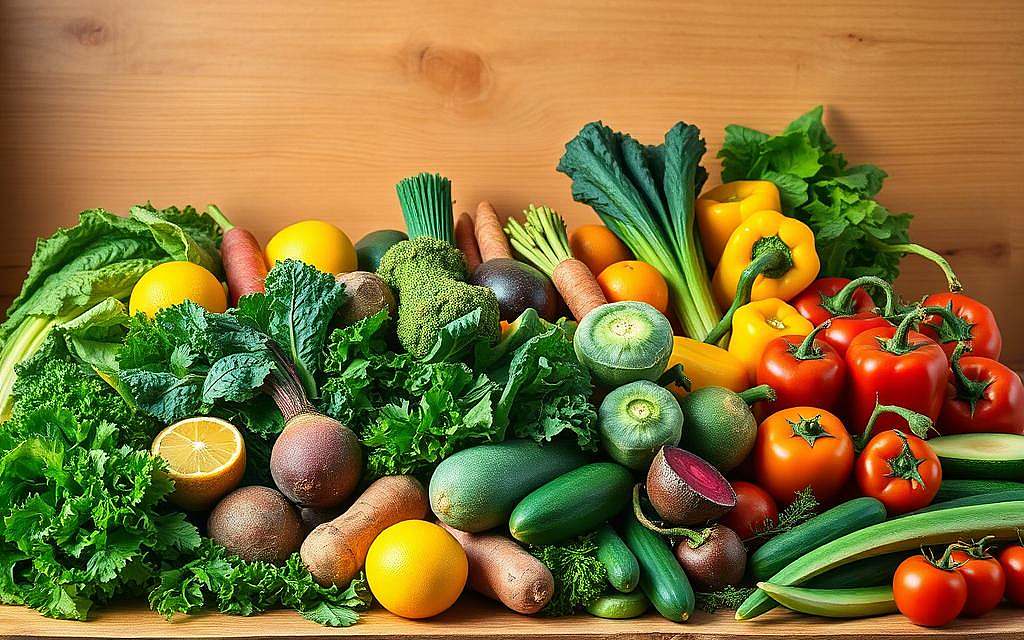 A bountiful still life showcasing an array of vibrant, nutrient-dense alkaline foods against a warm, earthy backdrop. In the foreground, a selection of leafy greens, including kale, spinach, and Swiss chard, are arranged with ripe avocados, juicy lemons, and crisp cucumbers. In the middle ground, a variety of roots and tubers, such as sweet potatoes, beets, and carrots, are displayed alongside crunchy bell peppers and juicy tomatoes. The background features a wooden surface with a subtle natural texture, complemented by a soft, diffused lighting that casts a gentle glow over the scene, emphasizing the natural hues and textures of the produce. The overall composition conveys a sense of vitality, balance, and the restorative power of nature's healing foods. A bountiful still life showcasing an array of vibrant, nutrient-dense alkaline foods against a warm, earthy backdrop. In the foreground, a selection of leafy greens, including kale, spinach, and Swiss chard, are arranged with ripe avocados, juicy lemons, and crisp cucumbers. In the middle ground, a variety of roots and tubers, such as sweet potatoes, beets, and carrots, are displayed alongside crunchy bell peppers and juicy tomatoes. The background features a wooden surface with a subtle natural texture, complemented by a soft, diffused lighting that casts a gentle glow over the scene, emphasizing the natural hues and textures of the produce. The overall composition conveys a sense of vitality, balance, and the restorative power of nature's healing foods.