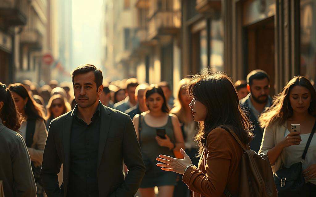 A bustling city street, sunlight filtering through the windows, illuminating the diverse array of people going about their daily lives. In the foreground, two individuals locked in a deep conversation, their gestures and expressions conveying a sense of mutual understanding and connection. Further back, others pass by, some engrossed in their own thoughts, others seemingly oblivious to their surroundings. The scene captures the delicate balance of individual self-awareness and the shared experience of human interaction, where understanding and misunderstanding coexist in the tapestry of everyday life. Soft, warm tones and a slightly hazy, impressionistic style lend an emotive, contemplative atmosphere to the image.