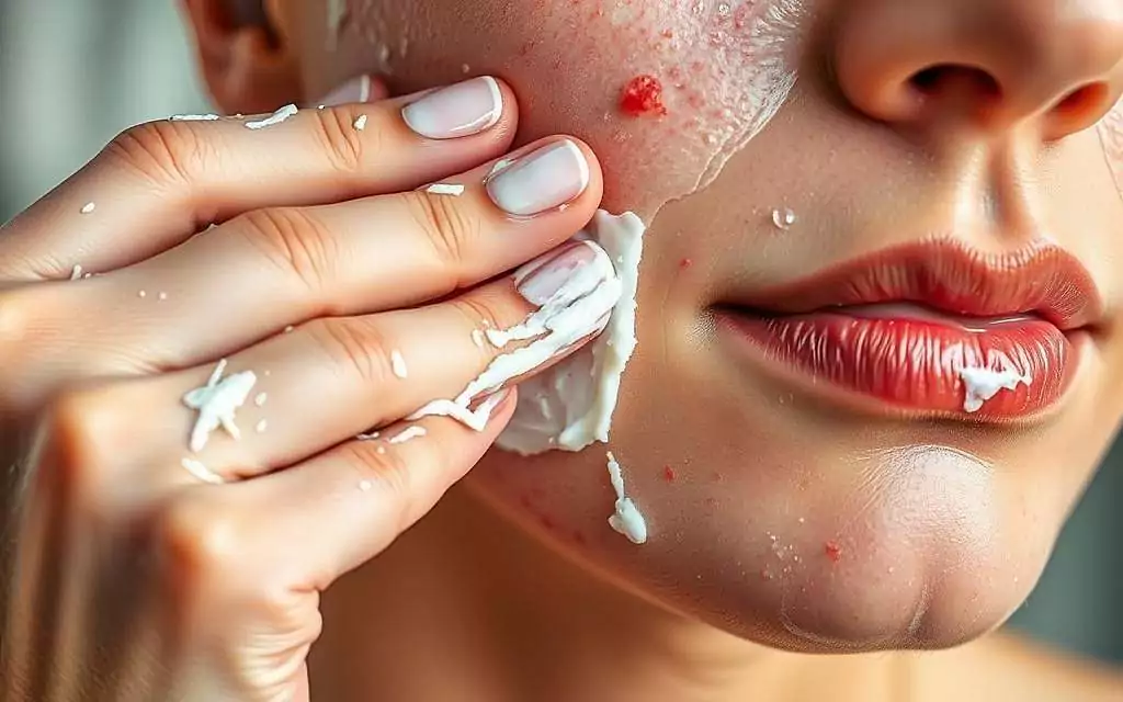 A close-up shot of a hand applying a thick, white paste of borax onto a person's skin afflicted with acne, redness, and irritation. The application is gentle and focused, with the borax mixture glistening slightly under soft, natural lighting. The skin appears inflamed, but the borax application suggests a soothing, healing process. The background is blurred, keeping the focus on the hand and the skin treatment. The overall mood is one of natural, holistic remedy and care for the skin's well-being.