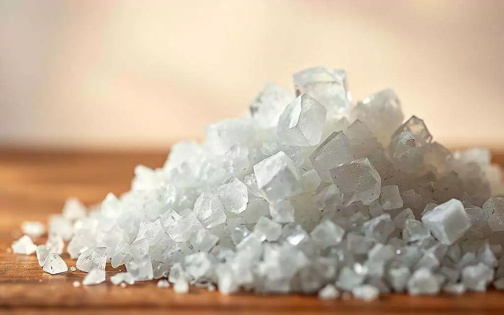 A close-up shot of a pile of borax crystals against a soft, blurred background. The crystals are illuminated from the side, casting subtle shadows and highlights that accentuate their unique, hexagonal structure. The lighting is warm and natural, creating a soothing, medicinal atmosphere. The focus is sharp on the borax, drawing the viewer's attention to its potential therapeutic properties for joint pain and arthritis. The image conveys the purity, simplicity, and natural healing power of this mineral supplement.