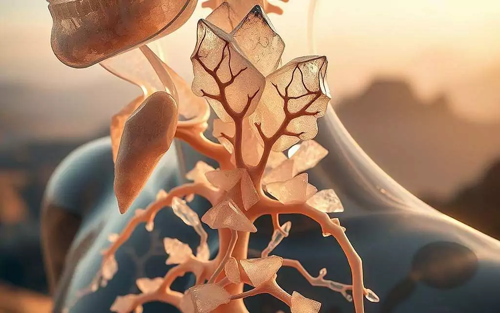 A close-up view of a stylized human endocrine system, with the thyroid, pituitary, and adrenal glands prominently featured. The organs are composed of intricate crystalline structures, resembling natural mineral formations. The glands are bathed in a soft, warm light, casting delicate shadows and highlights that accentuate their intricate details. The background is a serene, ethereal landscape, hinting at the natural, holistic connection between the body's hormonal processes and the mineral world. The overall mood is one of balance, harmony, and the interplay between the organic and the inorganic.