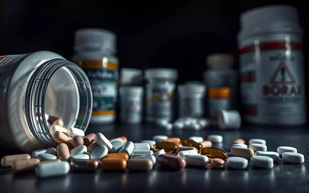 A close-up view of various pills, tablets, and capsules spilling out from an open bottle, against a dark, ominous backdrop. The foreground is sharply in focus, with a sense of foreboding and caution. The middle ground features a blurred, hazy arrangement of other medical containers and warning symbols, creating a sense of uncertainty. The background is shrouded in deep shadows, conveying a sense of potential risks and unknown consequences. The lighting is dramatic, with harsh shadows and highlights, emphasizing the serious nature of the subject matter. The overall mood is one of unease and apprehension, reflecting the potential risks and side effects associated with the use of the mineral borax.