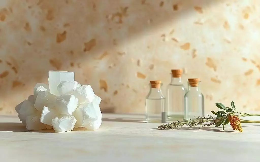 A crystalline arrangement of borax, the natural mineral compound sodium borate, takes center stage against a muted, earthy backdrop. Soft, diffused lighting gently illuminates the translucent, hexagonal crystals, casting subtle shadows that accentuate their geometric structure. The scene conveys a sense of purity, balance, and the restorative power of this mineral supplement. In the middle ground, a soothing, minimalist composition featuring glass containers and natural botanicals suggests the holistic, gentle approach to detoxification and wellness. The overall mood is one of tranquility, simplicity, and the harmonious integration of natural elements to support the body's own healing processes.