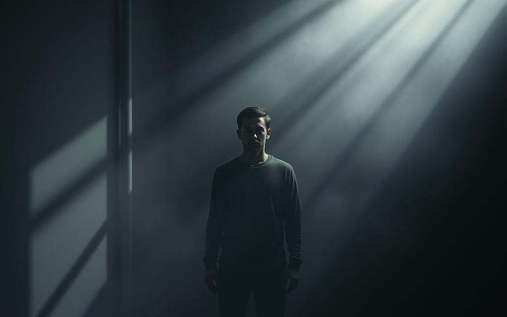 A dimly lit room, with shadows dancing across the walls. In the center, a figure emerges, half-shrouded in darkness, the other half illuminated by a soft, ethereal light. The figure's expression is pensive, as if grappling with the duality of their own nature. The background is a hazy, dreamlike landscape, blending the conscious and subconscious realms. Shades of gray and muted tones create a sense of depth and introspection. The scene evokes a journey of self-discovery, a exploration of the hidden aspects of the psyche. The lighting is dramatic, creating a chiaroscuro effect that highlights the contrast between the known and the unknown. The composition is balanced, with the figure positioned to draw the viewer's attention inward, towards the mysteries of the human experience.