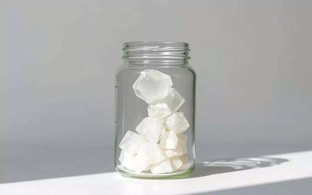 A glass jar filled with borax crystals, set against a clean, minimalist background. The jar is illuminated by soft, natural lighting, casting gentle shadows and highlights that accentuate the unique geometric structure of the borax. The crystals have a pure, translucent quality, conveying a sense of purity and natural wonder. The overall composition is balanced and visually appealing, inviting the viewer to contemplate the potential benefits of this mineral supplement. The image should evoke a sense of natural wellness and the power of simple, effective remedies.