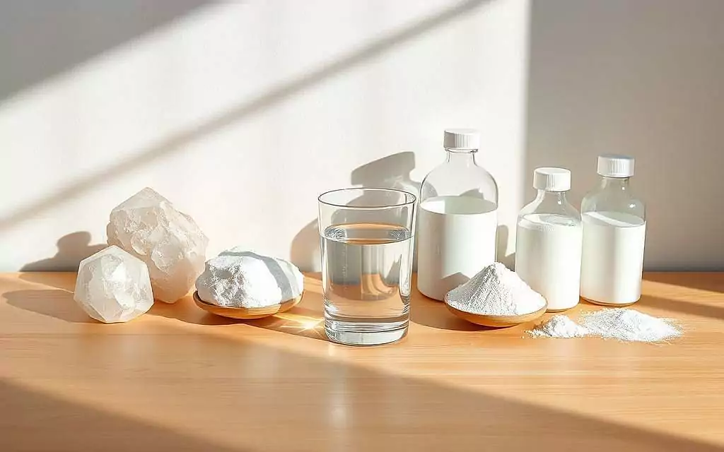 A neatly arranged collection of borax crystals, powders, and solutions prominently displayed on a clean, minimalist wooden surface. The crystals sparkle under soft, natural lighting, casting intricate shadows that accentuate their geometric forms. In the middle ground, a transparent glass container filled with a clear borax solution reflects the scene, creating a sense of depth and balance. The background is a plain, neutral-toned wall, allowing the borax products to be the central focus. The overall mood is one of simplicity, purity, and the natural restorative properties of this versatile mineral compound.