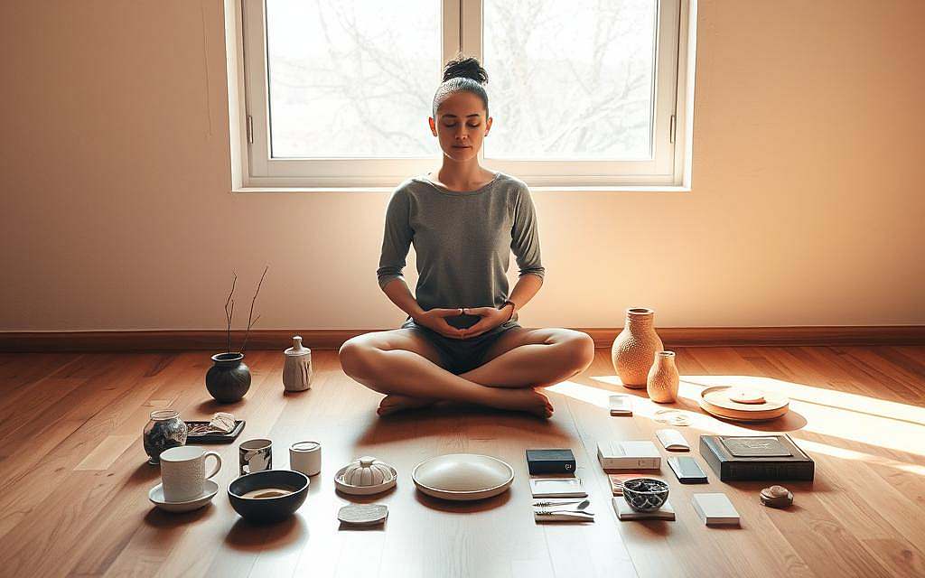 A peaceful, minimalist scene of a person sitting cross-legged on a wooden floor, surrounded by various everyday objects arranged in a meditative manner. Warm, natural lighting filters through a large window, casting soft shadows. The figure is focused inward, hands resting gently on their lap, exuding a sense of calm contemplation. The background features a simple, uncluttered wall with subtle textures, complementing the understated elegance of the setting. The overall composition invites the viewer to pause, reflect, and find a deeper understanding of the present moment.