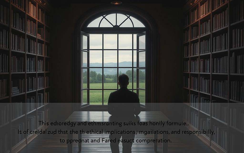 A serene, dimly lit study with a large window overlooking a tranquil landscape. Soft, warm lighting illuminates a wooden desk where a person sits in contemplation, their face obscured in shadow. Bookshelves line the walls, filled with volumes that speak to the depth of knowledge and understanding. The atmosphere is one of quiet introspection, inviting the viewer to consider the ethical implications of their own actions and choices. A sense of responsibility and reverence for the pursuit of knowledge pervades the scene, hinting at the transformative power of comprehension.