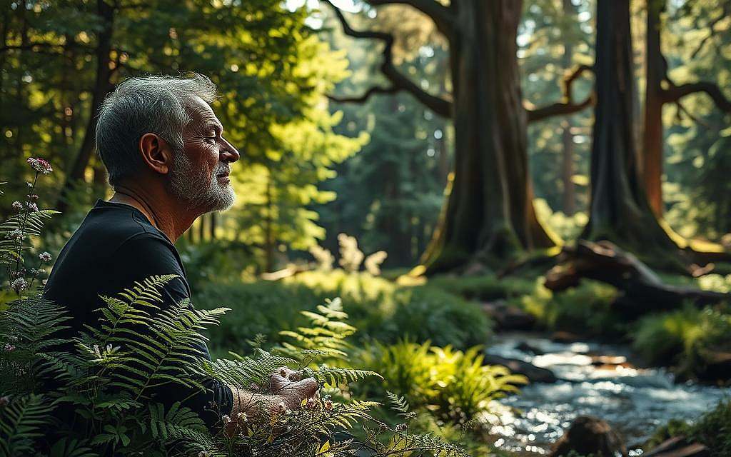 A serene forest glade, dappled sunlight filtering through the canopy, illuminating a figure seated in deep contemplation. The person's face radiates an expression of profound wisdom and understanding, their eyes closed as they immerse themselves in the quiet symphony of nature. In the foreground, lush ferns and delicate wildflowers whisper stories of the interconnectedness of all things. The middle ground reveals a gently flowing stream, its crystalline waters reflecting the tranquil scene. In the distance, ancient trees stand as silent witnesses, their gnarled trunks and branches reaching skyward, a testament to the passage of time and the continual cycle of growth and renewal. The overall atmosphere is one of reverence, inviting the viewer to pause and consider the depths of their own understanding and the path towards greater wisdom.