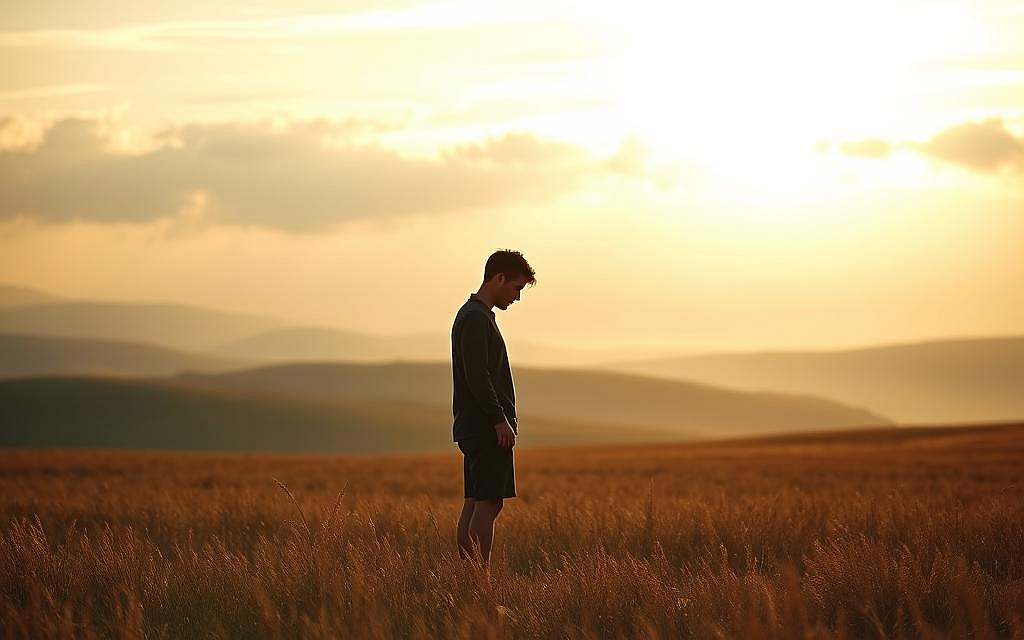 A serene, introspective scene of a lone figure standing in a vast, open field, contemplating the mysteries of the human condition. The figure is rendered in a soft, muted palette, their gaze downcast, lost in deep thought. The background is a sweeping panorama of rolling hills and a distant horizon, bathed in a warm, golden light that filters through wispy clouds. The overall atmosphere conveys a sense of quiet contemplation, inviting the viewer to ponder the relationship between self-understanding and empathy towards others. The composition is balanced, with the figure positioned slightly off-center, drawing the eye inward towards their pensive expression. The scene evokes a sense of tranquility and introspection, capturing the essence of the section title "Das Rätsel der Menschheit: Selbstverständnis als Schlüssel zu Mitmenschlichkeit".