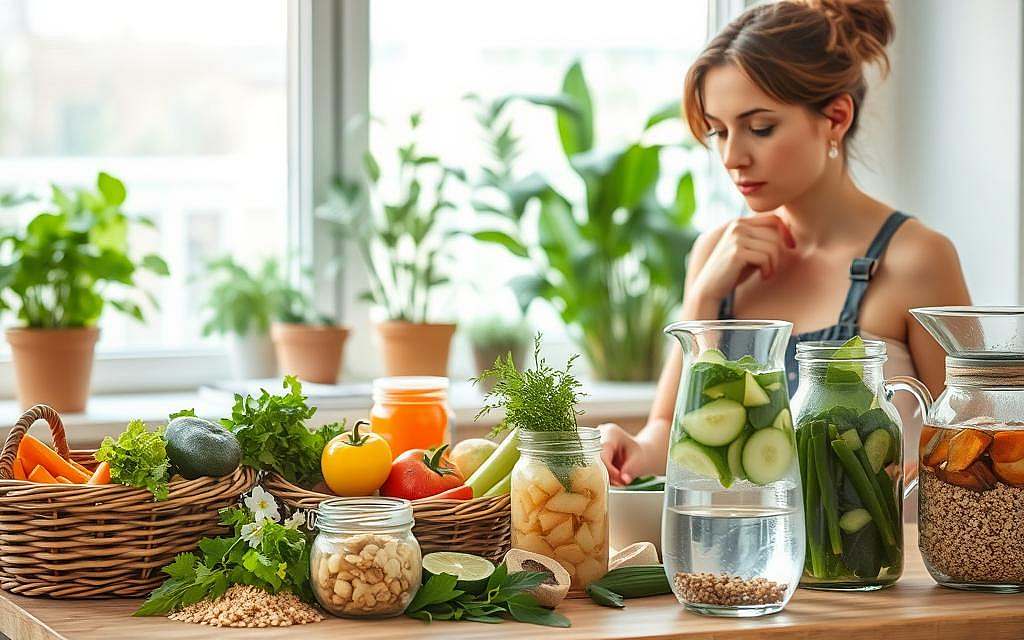 A serene kitchen scene with baskets of fresh produce, herbs, and whole grains. In the foreground, a woman thoughtfully prepares a healthy, alkaline-rich meal, her expression one of quiet determination as she navigates the challenges of a balanced diet. The mid-ground features jars of fermented foods and a glass pitcher of infused water, symbolizing the importance of gut health. In the background, a lush indoor garden casts a soft, natural light, evoking a sense of rejuvenation and wellness. The overall mood is one of tranquility and mindfulness, reflecting the journey of mastering the complexities of an alkaline lifestyle. A serene kitchen scene with baskets of fresh produce, herbs, and whole grains. In the foreground, a woman thoughtfully prepares a healthy, alkaline-rich meal, her expression one of quiet determination as she navigates the challenges of a balanced diet. The mid-ground features jars of fermented foods and a glass pitcher of infused water, symbolizing the importance of gut health. In the background, a lush indoor garden casts a soft, natural light, evoking a sense of rejuvenation and wellness. The overall mood is one of tranquility and mindfulness, reflecting the journey of mastering the complexities of an alkaline lifestyle.