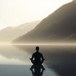 A serene, minimalist landscape depicting the concept of "achtsamkeit" (mindfulness). In the foreground, a lone figure sits in a meditative pose, their silhouette against a tranquil lake or pond. The water reflects the sky, creating a sense of balance and inner peace. In the middle ground, gentle hills or mountains rise, their slopes covered in lush, verdant foliage. The background is bathed in a soft, diffused natural light, casting a warm, golden glow over the entire scene. The overall mood is one of introspection, calmness, and a deep connection to the present moment.