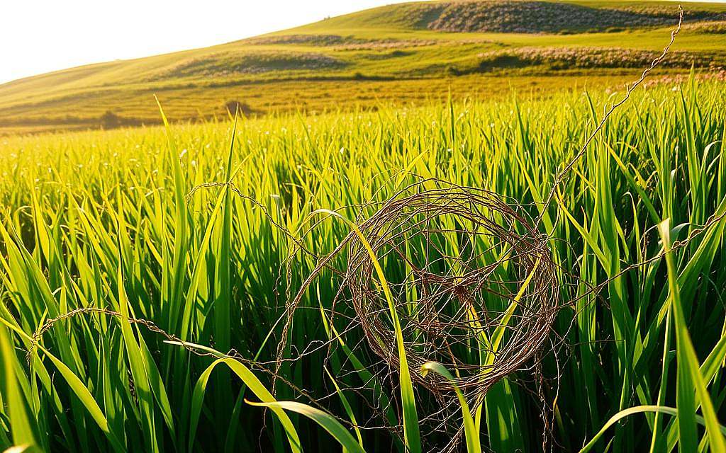 A serene, sun-dappled field, vibrant with life. Lush, verdant grasses sway gently, their tips kissed by the warm rays of the golden sun. Amidst the greenery, an intricate, organic web of interconnected tendrils and vines grow, their delicate branches intertwining, symbolizing the intricate bonds that tie a community together. In the distance, a rolling hill rises, its slopes covered in a patchwork of wildflowers in a spectrum of colors, each bloom representing the diverse individuals that make up the collective. The overall scene radiates a sense of harmony, balance, and the natural, symbiotic growth that occurs when a community comes together, each member playing a vital role in the flourishing of the whole.