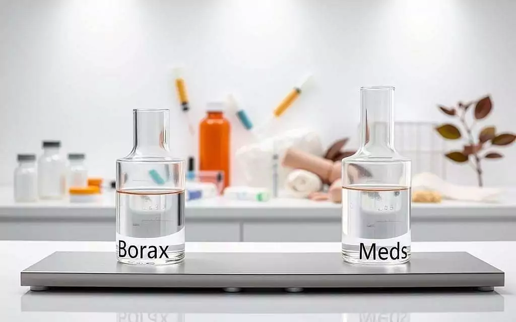 A side-by-side comparison of borax and standard medical treatments, presented in a clean, scientific style. In the foreground, two glass beakers filled with clear liquids, one labeled "Borax" and the other "Meds", resting on a sleek, stainless steel lab bench. The middle ground showcases various medical implements - syringes, pill bottles, bandages - contrasted against natural elements like crystals and leaves, hinting at the natural properties of borax. The background features a minimalist, white laboratory setting, with subtle lighting casting a soft, clinical glow. The overall impression is one of objectivity and careful comparison, inviting the viewer to consider the merits of this natural alternative.