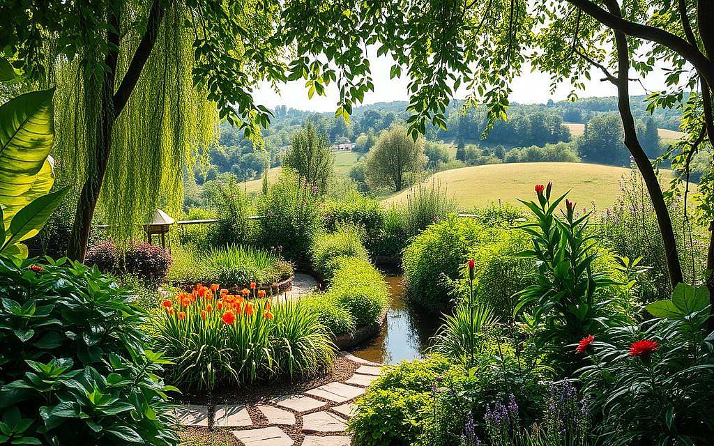 A tranquil and serene scene of a lush, verdant garden with a central focus on a variety of vibrant, alkaline-rich plants and herbs. In the foreground, a winding path leads through a diverse array of leafy greens, vibrant flowers, and healthy, thriving vegetation. The middle ground features a small, meandering stream or pond, its waters reflecting the surrounding foliage in a calming, mirror-like surface. In the background, a gently rolling hill or landscape provides a sense of depth and balance, with dappled sunlight filtering through the leaves and creating a warm, inviting atmosphere. The overall impression is one of balance, harmony, and a reconnection with the natural world, embodying the principles of a "basische Lebensweise" or alkaline lifestyle. A tranquil and serene scene of a lush, verdant garden with a central focus on a variety of vibrant, alkaline-rich plants and herbs. In the foreground, a winding path leads through a diverse array of leafy greens, vibrant flowers, and healthy, thriving vegetation. The middle ground features a small, meandering stream or pond, its waters reflecting the surrounding foliage in a calming, mirror-like surface. In the background, a gently rolling hill or landscape provides a sense of depth and balance, with dappled sunlight filtering through the leaves and creating a warm, inviting atmosphere. The overall impression is one of balance, harmony, and a reconnection with the natural world, embodying the principles of a "basische Lebensweise" or alkaline lifestyle.