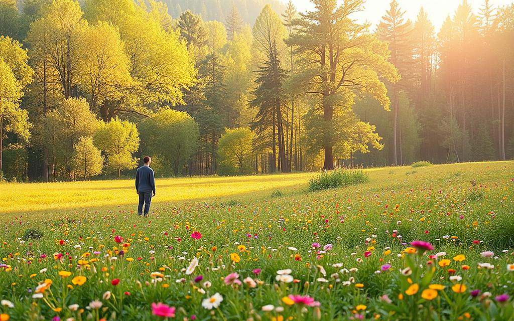 A tranquil meadow, dotted with vibrant wildflowers, serves as the setting for a symbolic journey. In the foreground, a solitary figure represents the individual self, standing in quiet contemplation. As the viewer's gaze moves towards the middle ground, the figure begins to merge with a larger collective, symbolizing the integration of "I" and "We." The background depicts a serene, sun-dappled forest, suggesting the expansive, interconnected nature of human experience. Soft, diffused lighting casts a warm, meditative tone, inviting the viewer to reflect on the delicate balance between personal identity and communal belonging. The composition is balanced and harmonious, mirroring the central theme of the article's section.