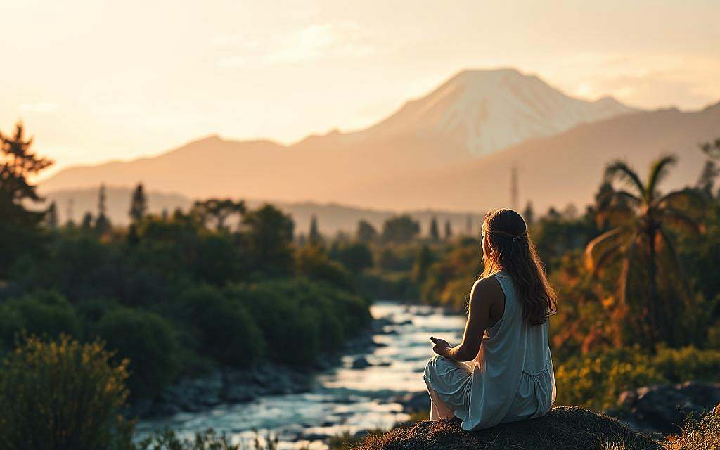 A tranquil spiritual landscape, with a serene figure in the foreground deep in contemplation, bathed in soft, warm lighting. In the middle ground, a flowing river or stream symbolizing the cycle of life, surrounded by lush, verdant foliage. The background features a majestic, snow-capped mountain range, representing the grandeur and timelessness of the natural world. The overall scene conveys a sense of harmony, introspection, and the interconnectedness of all things. The lighting is diffused and gentle, creating an atmosphere of serenity and inner peace.