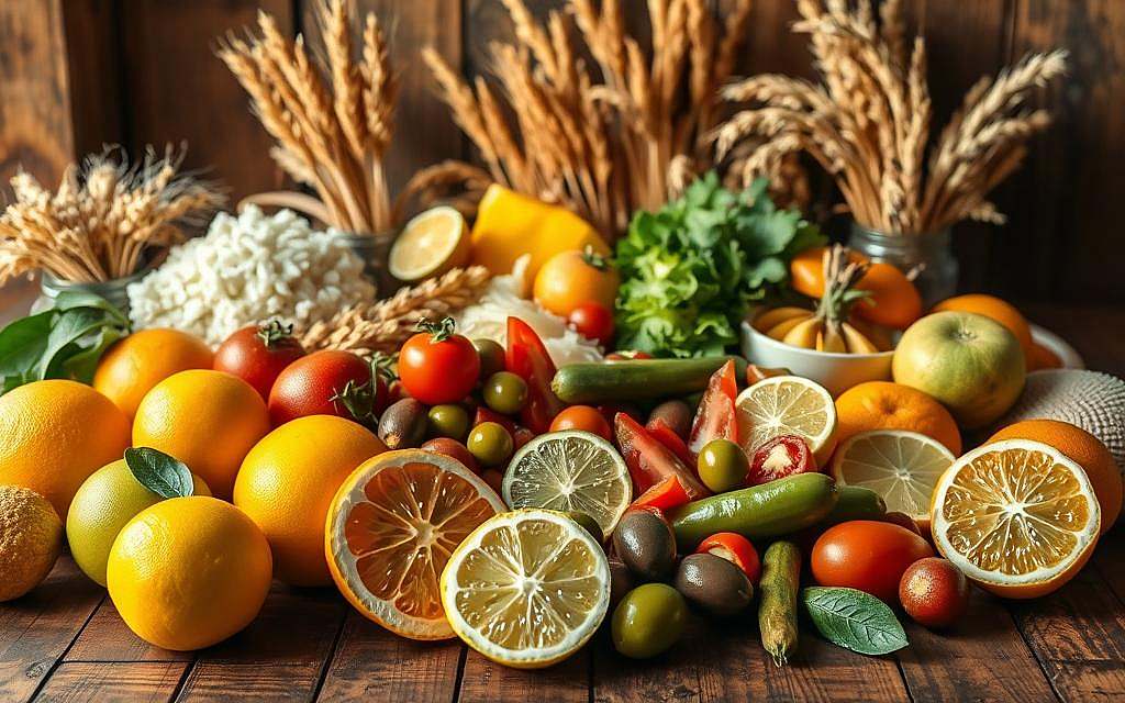 A vibrant assortment of acidic foods arranged on a rustic wooden table, bathed in warm, natural lighting. In the foreground, a selection of citrus fruits, including lemons, limes, and oranges, their vibrant hues contrasting against the dark wood. Interspersed throughout are slices of tomatoes, pickles, and olives, conveying the diversity of acid-producing ingredients. In the middle ground, a collection of fermented items like sauerkraut and pickled vegetables, highlighting the acidity present in these preserved foods. The background features a variety of grains, such as wheat, barley, and rice, representing the starch-heavy, acid-forming nature of many staple carbohydrates. The overall scene evokes a sense of caution and moderation, inviting the viewer to consider which acidic foods should be limited in a balanced, alkaline-focused diet. A vibrant assortment of acidic foods arranged on a rustic wooden table, bathed in warm, natural lighting. In the foreground, a selection of citrus fruits, including lemons, limes, and oranges, their vibrant hues contrasting against the dark wood. Interspersed throughout are slices of tomatoes, pickles, and olives, conveying the diversity of acid-producing ingredients. In the middle ground, a collection of fermented items like sauerkraut and pickled vegetables, highlighting the acidity present in these preserved foods. The background features a variety of grains, such as wheat, barley, and rice, representing the starch-heavy, acid-forming nature of many staple carbohydrates. The overall scene evokes a sense of caution and moderation, inviting the viewer to consider which acidic foods should be limited in a balanced, alkaline-focused diet.