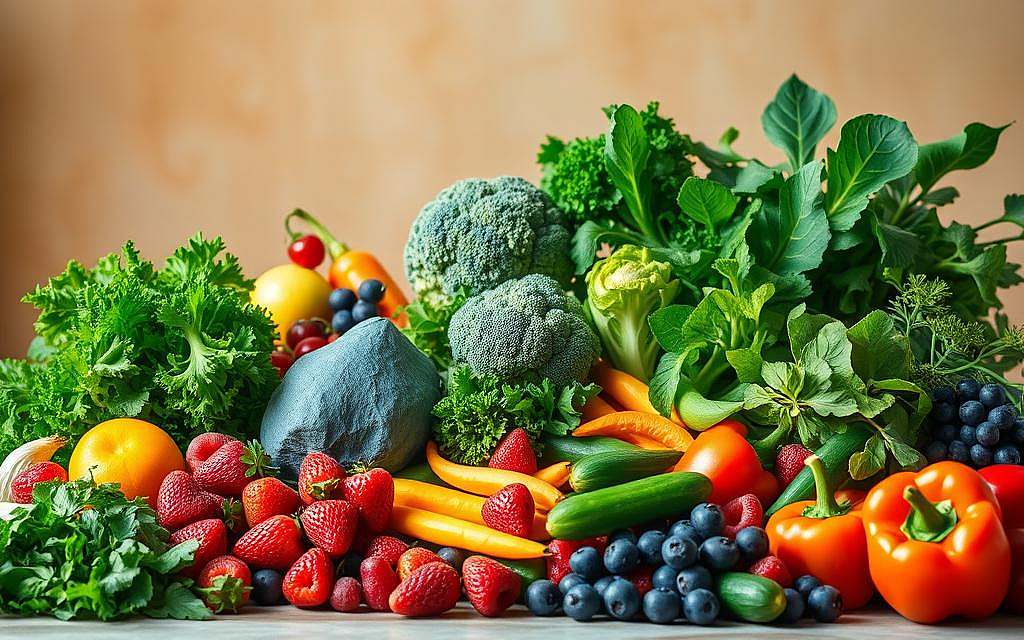 A vibrant, high-resolution image of a bountiful, nutrient-dense display of alkaline-rich foods. In the foreground, an array of fresh greens, leafy vegetables, and vibrant berries, arranged artfully against a backdrop of earthy tones. In the middle ground, an assortment of crisp vegetables, such as broccoli, bell peppers, and cucumbers, conveying the abundance and diversity of alkaline-promoting ingredients. The background features a tranquil, minimalist setting, with soft lighting highlighting the natural colors and textures of the whole, unprocessed foods. The overall scene radiates a sense of vitality, balance, and the holistic benefits of an alkaline-based diet. A vibrant, high-resolution image of a bountiful, nutrient-dense display of alkaline-rich foods. In the foreground, an array of fresh greens, leafy vegetables, and vibrant berries, arranged artfully against a backdrop of earthy tones. In the middle ground, an assortment of crisp vegetables, such as broccoli, bell peppers, and cucumbers, conveying the abundance and diversity of alkaline-promoting ingredients. The background features a tranquil, minimalist setting, with soft lighting highlighting the natural colors and textures of the whole, unprocessed foods. The overall scene radiates a sense of vitality, balance, and the holistic benefits of an alkaline-based diet.