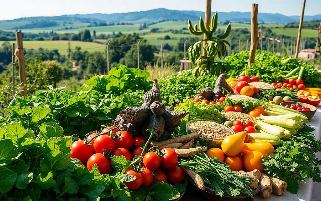 A vibrant, verdant scene of a lush, sun-dappled garden overflowing with an abundance of fresh, nutrient-rich produce. In the foreground, a bountiful display of crisp greens, juicy tomatoes, and vibrant root vegetables, their colors and textures vividly captured. In the middle ground, a wooden table laden with an array of healthy, alkaline-rich foods - leafy salads, whole grains, fermented vegetables, and fresh fruits. The background reveals a tranquil, serene landscape, with rolling hills and a clear blue sky, conveying a sense of balance, renewal, and vitality. The scene is bathed in a soft, natural light, highlighting the lush, vibrant tones and the inherent healthfulness of the scene. An image that embodies the principles of alkaline-based nutrition and the revitalizing, detoxifying power of a plant-based, whole-food diet. A vibrant, verdant scene of a lush, sun-dappled garden overflowing with an abundance of fresh, nutrient-rich produce. In the foreground, a bountiful display of crisp greens, juicy tomatoes, and vibrant root vegetables, their colors and textures vividly captured. In the middle ground, a wooden table laden with an array of healthy, alkaline-rich foods - leafy salads, whole grains, fermented vegetables, and fresh fruits. The background reveals a tranquil, serene landscape, with rolling hills and a clear blue sky, conveying a sense of balance, renewal, and vitality. The scene is bathed in a soft, natural light, highlighting the lush, vibrant tones and the inherent healthfulness of the scene. An image that embodies the principles of alkaline-based nutrition and the revitalizing, detoxifying power of a plant-based, whole-food diet.