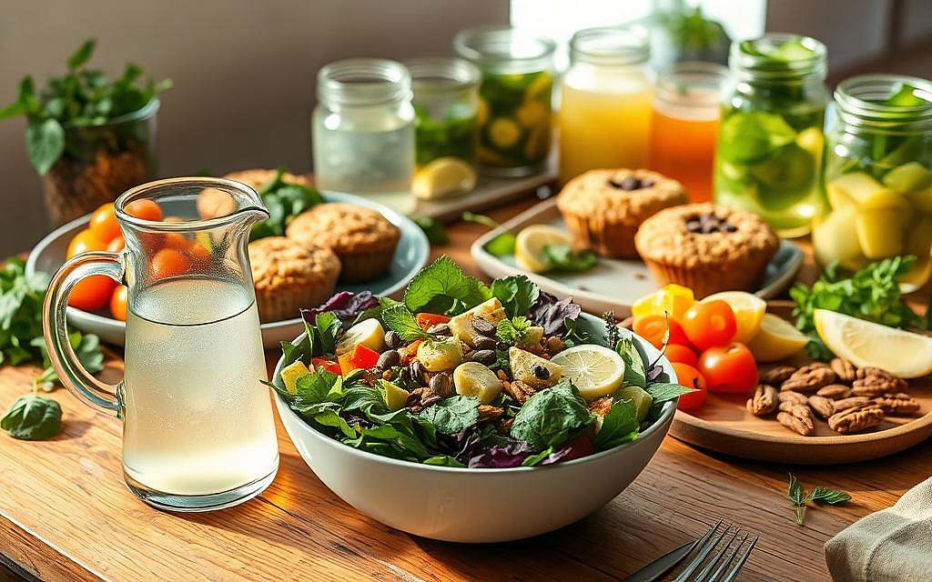 A visually appetizing spread of vibrant, plant-based dishes arranged on a rustic wooden table. In the foreground, a nourishing salad bowl brimming with crisp greens, colorful vegetables, and a creamy, dairy-free dressing. Beside it, a glass pitcher of refreshing, lemon-infused water. In the middle ground, a plate of steaming, whole-grain muffins accompanied by a selection of fresh fruit and nuts. In the background, a collection of glass jars filled with vibrant, alkaline-rich ingredients like leafy herbs, citrus wedges, and fermented tonics. The scene is bathed in soft, natural lighting, creating a warm, inviting atmosphere that beckons the viewer to savor a delicious, nutrient-dense meal. A visually appetizing spread of vibrant, plant-based dishes arranged on a rustic wooden table. In the foreground, a nourishing salad bowl brimming with crisp greens, colorful vegetables, and a creamy, dairy-free dressing. Beside it, a glass pitcher of refreshing, lemon-infused water. In the middle ground, a plate of steaming, whole-grain muffins accompanied by a selection of fresh fruit and nuts. In the background, a collection of glass jars filled with vibrant, alkaline-rich ingredients like leafy herbs, citrus wedges, and fermented tonics. The scene is bathed in soft, natural lighting, creating a warm, inviting atmosphere that beckons the viewer to savor a delicious, nutrient-dense meal.