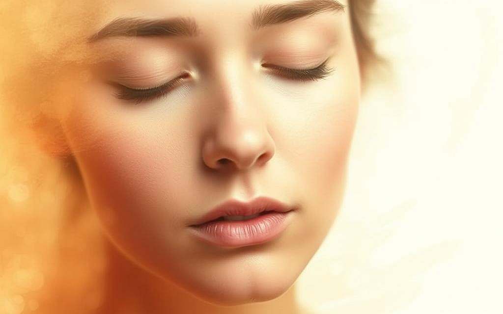 Prompt A serene and contemplative portrait of a person's face, composed with a soft focus and warm lighting. The subject's eyes are closed, their expression conveying a sense of introspection and emotional awareness. Gentle brushstrokes of color form an abstract, ethereal background, suggesting the intangible nature of emotional intelligence. The composition creates a sense of balance and harmony, inviting the viewer to reflect on the role of emotional understanding in human relationships.