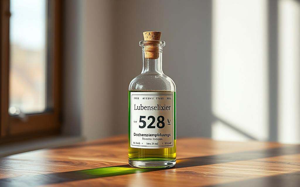 A bottle of Euphorbia extract, known as "Lebenselixier 528", rests on a wooden table. The label features the German text "Dosierungsempfehlungen" in a clean, sans-serif font. The bottle has a classic apothecary-style design, with a cork stopper and a glass body that allows the vibrant green liquid within to be visible. Soft, natural lighting from a window highlights the bottle's intricate details, creating a warm and inviting atmosphere. The scene is framed to emphasize the bottle's central placement, with a plain background that allows the subject to be the focus of the image.