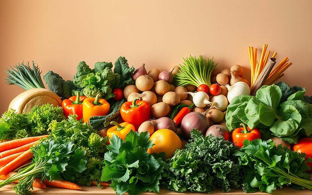A bountiful display of fresh, vibrant vegetables arranged artfully against a soft, neutral background. In the foreground, a diverse selection of nutrient-rich produce, including leafy greens, crunchy carrots, and vibrant bell peppers, each casting delicate shadows. The middle ground showcases a variety of wholesome roots and bulbs, such as potatoes, onions, and radishes, conveying the abundance and versatility of these mineral-rich ingredients. The background is bathed in warm, natural lighting, creating a serene, inviting atmosphere that emphasizes the healthful, earthy nature of the scene. The overall composition highlights the visual appeal and nutritional value of these "Gemüsesorten," inspiring the viewer to incorporate them into a balanced, wholesome lifestyle.