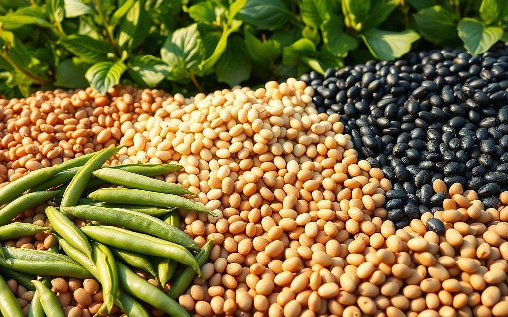 A bountiful display of vibrant legumes fills the frame, showcasing the diverse array of hülsenfrüchte. In the foreground, lush green beans, plump edamame, and earthy lentils are arranged in a visually striking composition, highlighting their rich textures and colors. The middle ground features a variety of beans, from creamy white cannellini to deep, earthy black beans, each casting soft shadows that add depth and dimension to the scene. In the background, a lush, verdant backdrop of leafy greens and verdant foliage sets the stage, conveying a sense of natural abundance and vitality. The lighting is warm and golden, casting a gentle glow over the scene and emphasizing the nutrient-dense nature of these powerful legumes. The overall mood is one of health, nourishment, and the bounty of nature.
