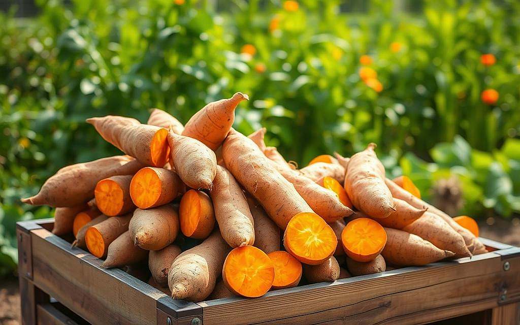 A bountiful harvest of organic sweet potatoes, their vibrant orange hues gleaming under warm, natural lighting. Freshly dug from the earth, the tubers sit atop a wooden crate, their irregular shapes and textures capturing the essence of this nourishing root vegetable. In the background, a lush, verdant garden provides a serene, rustic setting, evoking a sense of abundance and wholesome goodness. The scene is captured with a shallow depth of field, drawing the viewer's focus to the centerpiece of the image - the sweet potatoes, bursting with essential vitamins, minerals, and complex carbohydrates. An inviting, appetizing display that celebrates the nutritional powerhouse of Süßkartoffeln.