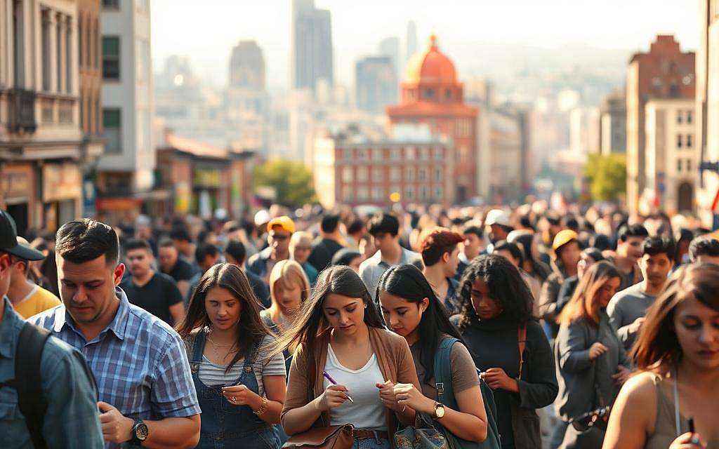 A bustling city street, filled with diverse individuals going about their daily lives. In the foreground, a group of people engaged in various tasks - some write with their right hands, others with their left. The scene is bathed in warm, natural lighting, capturing the energy and rhythm of the urban landscape. In the middle ground, a mix of architectural styles, from modern high-rises to historic buildings, symbolizing the different perspectives and backgrounds that coexist in this vibrant community. In the background, a blurred cityscape stretches out, hinting at the broader societal context. The overall atmosphere conveys a sense of inclusion, highlighting the role of handedness as a facet of human diversity within the fabric of society.