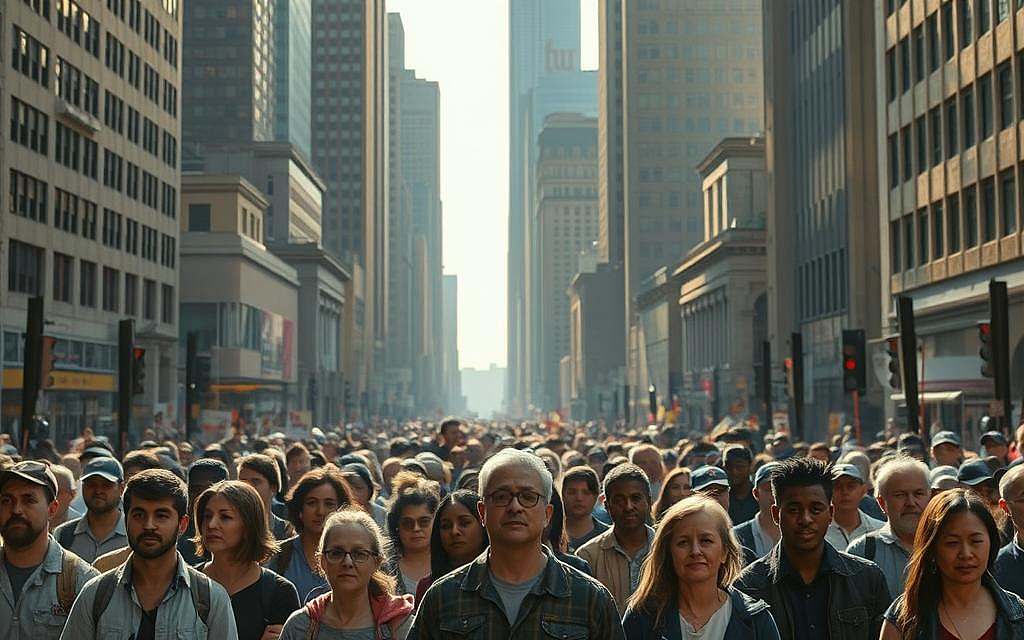 A bustling city street, its towering buildings casting long shadows over the throngs of people below. In the foreground, a diverse group of individuals stand united, their faces etched with a palpable sense of collective identity and purpose. Soft, diffused lighting bathes the scene, imbuing it with a contemplative, almost introspective quality. The middle ground is populated by a mix of workers, students, and activists, each representing a unique facet of the class struggle. In the background, the looming presence of corporate skyscrapers and government institutions symbolizes the power structures that shape the sociopolitical landscape. The overall composition conveys the complex, multifaceted nature of class consciousness and the psychological dimensions that underpin the pursuit of a classless society.