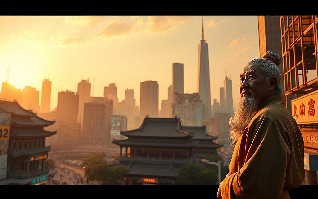 A bustling cityscape at dusk, with the ancient philosophy of Confucius juxtaposed against the towering skyscrapers and neon-lit streets. In the foreground, a thoughtful scholar stands, contemplating the wisdom of the past amidst the chaos of the modern world. Warm, golden light filters through the hazy atmosphere, casting a contemplative glow over the scene. The middle ground features a blend of traditional and contemporary architecture, symbolizing the intersection of ancient ideals and contemporary realities. In the background, the city skyline rises, a testament to humanity's progress and the ever-evolving nature of civilization. The overall mood is one of introspection and a search for balance, as the timeless principles of Confucianism are reexamined and reinterpreted for the modern age.