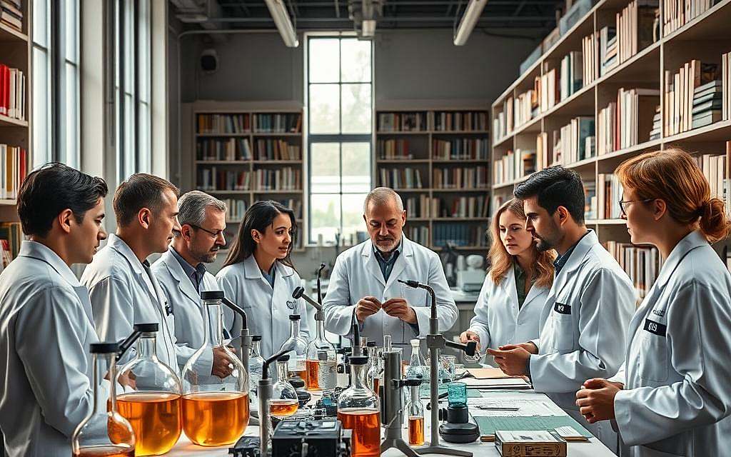 A bustling collaborative research laboratory, featuring a group of scientists in white lab coats gathered around a central workbench. Intricate glassware, bubbling liquid-filled beakers, and an array of high-tech scientific instruments cover the surface, casting a warm, amber glow across the scene. In the background, towering shelves filled with reference books and journals line the walls, creating a sense of academic rigor and discovery. Diffused natural light streams in through tall windows, illuminating the dedicated researchers as they discuss their latest findings, their expressions intense and focused. An atmosphere of intellectual curiosity and scientific diligence pervades the space, hinting at the groundbreaking potential of their collaborative Forschungskooperationen.
