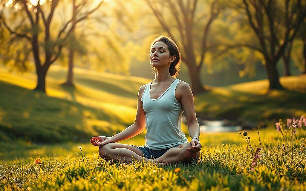 A calming, meditative scene depicting the practice of "Herzkohärenz-Techniken". In the foreground, a person sits cross-legged on a lush, green meadow, their eyes closed in deep concentration. Soft, golden light filters through the trees in the background, creating a serene, tranquil atmosphere. The person's chest gently rises and falls as they focus on their breathing, finding harmony and balance within. The landscape is idyllic, with rolling hills, a babbling brook, and vibrant wildflowers dotting the scene. The overall mood is one of inner peace, stress-relief, and a profound connection to the heart's innate intelligence.