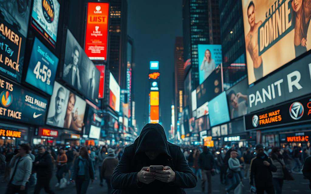 A chaotic cityscape, overwhelmed by a barrage of digital stimuli. In the foreground, a lone figure sits hunched, their face obscured by a smartphone, lost in a sea of notifications and social media feeds. The middle ground is a blur of neon-lit billboards, flashing screens, and data streams, creating a sense of sensory overload. In the background, towering skyscrapers loom, their windows reflecting the ever-changing digital landscape, a metaphor for the relentless pace of modern life. The lighting is harsh, casting deep shadows and highlighting the individual's detachment from the physical world. The overall atmosphere conveys a sense of digital fatigue, a growing disconnection from the real as the virtual world increasingly dominates our daily existence.