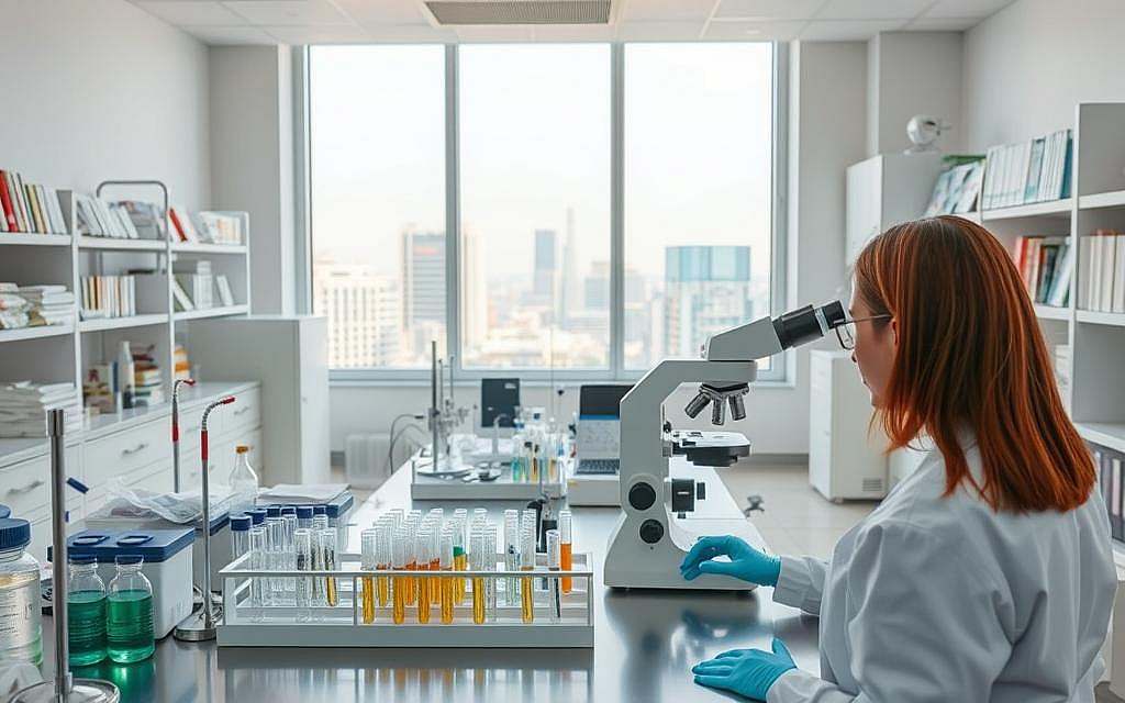 A clean, well-lit laboratory interior with various scientific instruments and equipment. In the foreground, a technician in a white lab coat is examining a sample under a microscope, their face obscured. In the middle ground, several test tubes, pipettes, and other lab equipment are neatly arranged on a stainless steel counter. The background features shelves lined with books and scientific journals, as well as a large window overlooking a cityscape. The scene conveys a sense of clinical precision and rigorous analysis, with subtle hints of the complexities and potential pitfalls inherent in the PCR testing process.