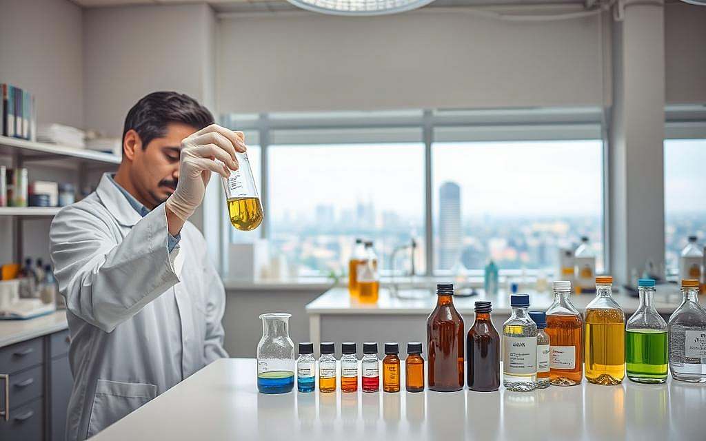 A clean, well-lit laboratory setting with various scientific equipment and glassware. In the foreground, a scientist in a white coat carefully measuring and dispensing petroleum from a graduated cylinder into a small beaker. The middle ground features a table with a selection of different petroleum products, including vials, jars, and bottles, arranged neatly. The background shows shelves with additional scientific instruments, reference materials, and a large window overlooking a cityscape. The scene conveys a sense of precision, professionalism, and the scientific exploration of petroleum's potential applications.