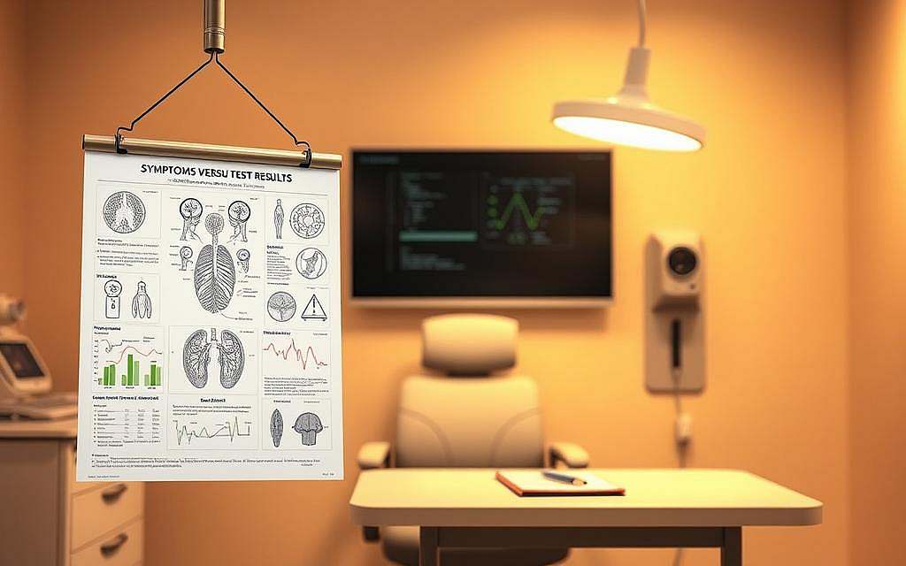 A clinical examination room with a doctor's desk, chair, and medical instruments. Warm, diffuse lighting illuminates the scene, creating a calming, professional atmosphere. In the foreground, a diagnostic chart depicting anatomical diagrams and medical symbols hovers, reflecting the diagnostic process. The middle ground features a doctor's stethoscope, clipboard, and a patient file, symbolizing the healthcare provider's role in assessing symptoms and formulating a clinical diagnosis. The background depicts a minimalist, neutral-toned wall, allowing the medical equipment and diagnostic elements to take center stage. The overall composition conveys the essential elements of the clinical diagnostic process, suitable for illustrating the "Symptoms versus Test Results: The Medical Compass" section of the article.