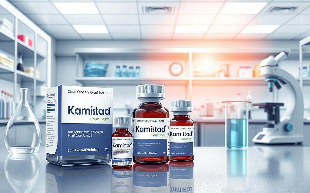 A clinical study setting featuring a detailed illustration of the Kamistad product. The foreground displays the Kamistad packaging and containers, meticulously rendered with high-resolution textures and intricate label designs. The middle ground showcases scientific equipment like beakers, test tubes, and microscopes, alluding to the rigorous testing and evaluation process. The background depicts a modern medical research laboratory, with sleek stainless steel countertops, state-of-the-art instrumentation, and a clean, professional atmosphere. Bright, diffused lighting illuminates the scene, casting subtle shadows and highlights to create a sense of depth and realism. The overall tone is one of scientific credibility and medical authority, reflecting the focus on the Kamistad product's efficacy and clinical studies.